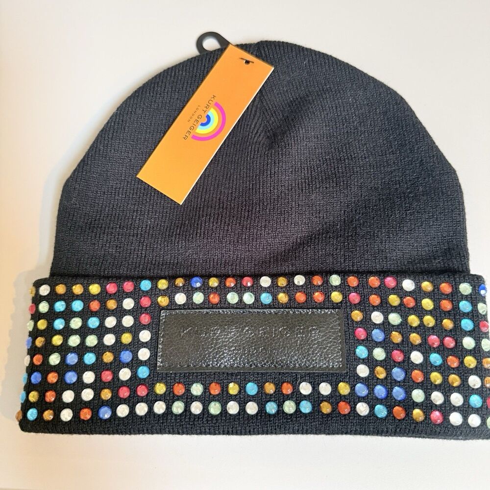 Kurt Geiger London Logo Crystal Cuff Beanie One Size Black Multi Rhinestone NWT
